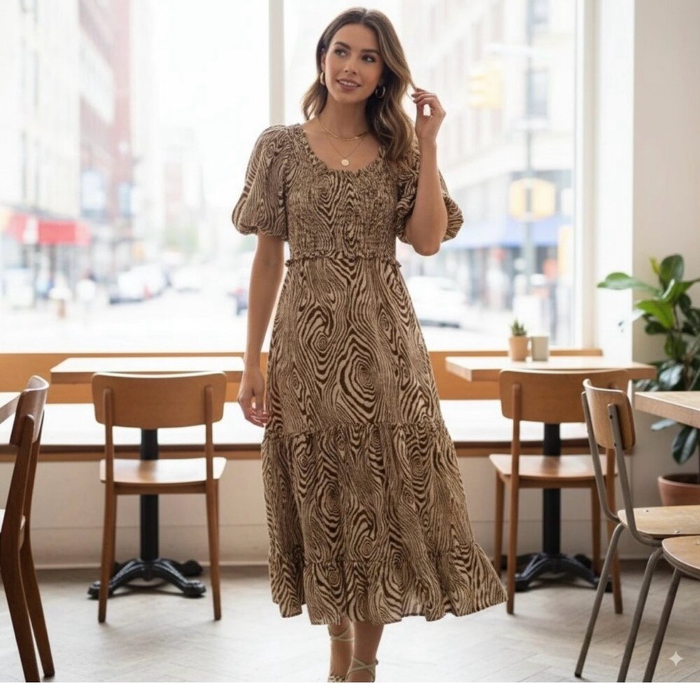 Moon River Brown Patterned Midi Dress